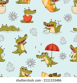 Seamless pattern of cool crocodiles on a light blue background. Endless texture. Vector illustration for designs, prints and patterns.