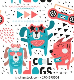 Seamless pattern with cool dogs and disco theme. Vector Illustration. Kids illustration for nursery art. The print is perfect for baby clothes, greeting card, wrapping paper. Retro style.