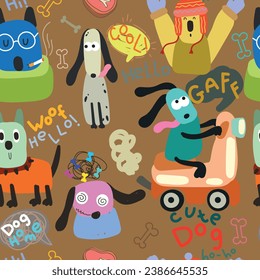 Patrón sin foco con perros fríos, doodle.Patrón de niños sobre fondo marrón. Ilustración vectorial.