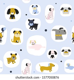 Seamless pattern with cool dogs. Kids trendy print. Vector hand drawn illustration.