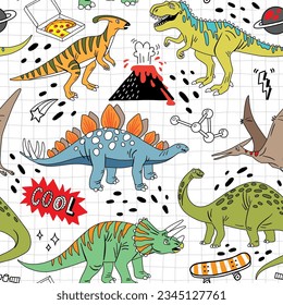 seamless pattern cool doodle dinosaurs boys background 