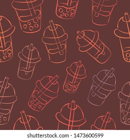 Seamless pattern with cool drinks - fresh, bubble tea, iced coffee, smoothie. Nice line art ornament with no fill on brown background. 