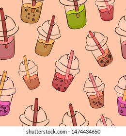 Seamless pattern with cool drinks - plastic cups with juice straw with fresh, bubble tea, iced coffee, smoothie. Nice colorful liquids on pink background.  Pastel shades.