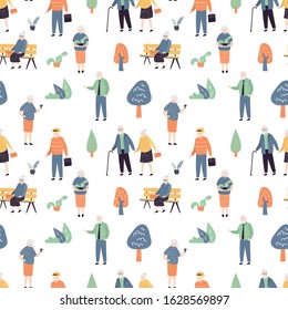 Seamless pattern with cool and fashion elderly people. Various old persons on white background. Texture with funny doodle grandfathers and grandmothers characters. Trendy style vector illustration