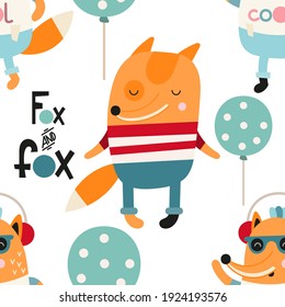 Seamless pattern. Cool foxes listening to music, lettering Fox and fox. Vector kids illustration for nursery design. Foxes pattern for baby clothes, wrapping paper.