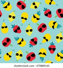 Seamless pattern with cool fruits: pineapple, lemon, pear, apple and strawberry, wearing sunglasses. Cute vector background. Bright summer fruits illustration. Fruit mix design for fabric and decor.