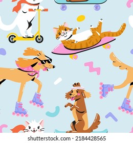 Seamless pattern with cool funny cat and dog riding skateboard, roller skates and scooter