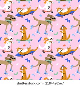 Seamless pattern with cool funny cat and dog riding skateboard, roller skates and scooter