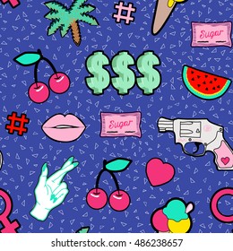 Seamless pattern with cool girlish colorful patch badges or pins with ice cream cone, gun, cherry, lips, sugar packet, venus symbol, heart and other elements. Vector wallpaper. Blue background.