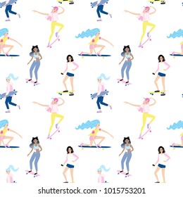 Seamless pattern with cool girls riding on skateboards