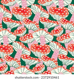 Seamless pattern with cool hand drawn fly agarics. Repeat texture, abstract design of bright doodle mushrooms. Cute colorful print, drawing of poisonous red amanita mushrooms. Vector illustration.