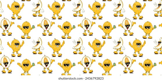 Seamless pattern with cool melon characters in different poses. Fashionable retro groovy style. Background for bar, restaurant, cafe, market.