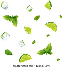 Seamless pattern, cool refreshing summer mojito with ice cubes, mint leaves and lime.