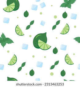 Seamless pattern, cool refreshing summer mojito with ice cubes, mint leaves and lime. Vector illustration