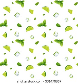 Seamless pattern, cool refreshing summer mojito with ice cubes, mint leaves and lime.