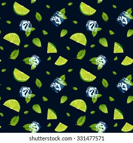 Seamless pattern, cool refreshing summer mojito with ice cubes, mint leaves and lime.