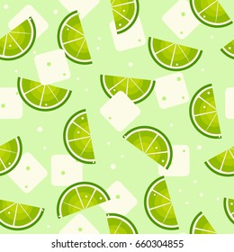 Seamless pattern, cool refreshing summer caipirinha  with ice cubes and lime.