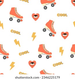 Nahtloses Muster mit coolen Retro-70er-Elementen. Rollschuh, Blitz, Herz, Schrift. Hippie-Aufkleber. Einzelne Vektorgrafik-Objekte