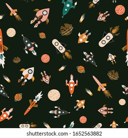 Seamless pattern with cool rockets and meteor elements on black nights. Playful vector illustration for unisex children.