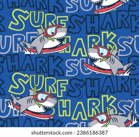 Seamless pattern, Cool shark cartoon surfing with red surfboard on blue background illustration vector.