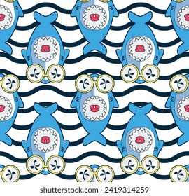 Seamless pattern, Cool shark cartoon wearing sunglasses with open mouth on striped background illustration vector.