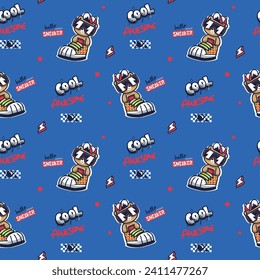 Seamless pattern, Cool teddy bear cartoon wearing sunglasses in big sneakers on blue background illustration vector.