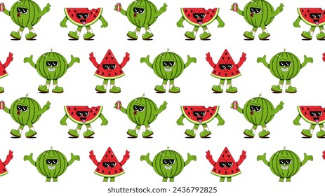 Seamless pattern with cool watermelon characters in different poses. Fashionable retro groovy style. Background for bar, restaurant, cafe, market.