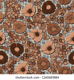 Seamless pattern.
Copper flowers arranged randomly against an abstract lattice background.