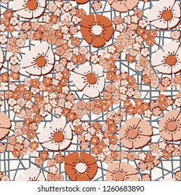 Seamless pattern.
Copper flowers arranged randomly against an abstract lattice background.