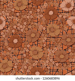 Seamless pattern.
Copper flowers arranged randomly against an abstract lattice background.