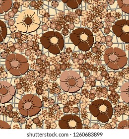Seamless pattern.
Copper flowers arranged randomly against an abstract lattice background.
