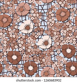 Seamless pattern.
Copper flowers arranged randomly against an abstract lattice background.