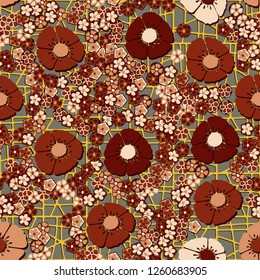 Seamless pattern.
Copper flowers arranged randomly against an abstract lattice background.