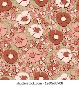 Seamless pattern.
Copper flowers arranged randomly against an abstract lattice background.