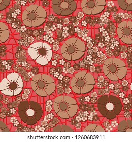 Seamless pattern.
Copper flowers arranged randomly against an abstract lattice background.