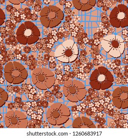 Seamless pattern.
Copper flowers arranged randomly against an abstract lattice background.
