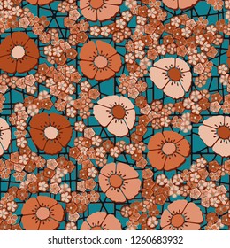 Seamless pattern.
Copper flowers arranged randomly against an abstract lattice background.