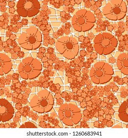 Seamless pattern.
Copper flowers arranged randomly against an abstract lattice background.