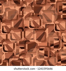 Seamless pattern. Copper theme. Composition based on rounded squares. Checkered circles.