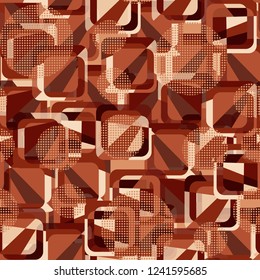 Seamless pattern. Copper theme. Composition based on rounded squares. Checkered circles.