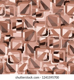 Seamless pattern. Copper theme. Composition based on rounded squares. Checkered circles.