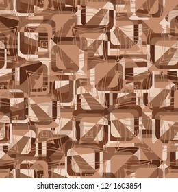 Seamless pattern. Copper theme. Composition based on rounded squares. Abstract four-pointed shapes.