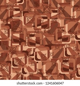 Seamless pattern. Copper theme. Composition based on rounded squares. Four-beam scratched stars.