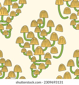 Seamless pattern with coprinellus disseminatus mushrooms. Retro 1970 style groovy psychedelic vector background. Fairy inkcap fungus