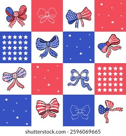 Seamless pattern Coquette 4th of July Bow on color background. Vecyor illustration