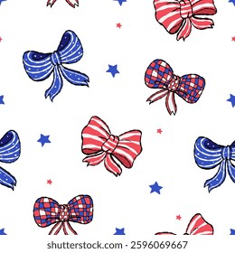 Seamless pattern Coquette 4th of July Bow on color background. Vecyor illustration