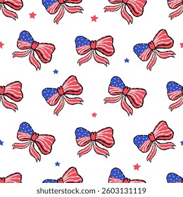 Seamless pattern Coquette 4th of July Bow on color background. Vector illustration.