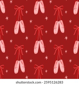 Seamless pattern of coquette ballet shoes with ribbon, bow, stars. Hanging pair of ballerina pointe shoes. Ballet slippers for classic elegant dance. Flat vector illustration on red background