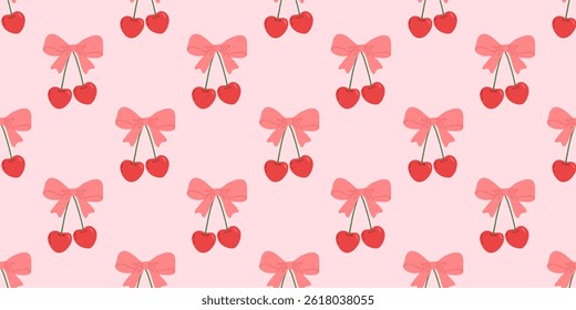 Seamless pattern with coquette bow and cherry on pink background, flat drawings, vector hand drawn backdrop