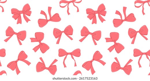 Seamless pattern with coquette bow on white background, flat isolated drawings, vector illustration